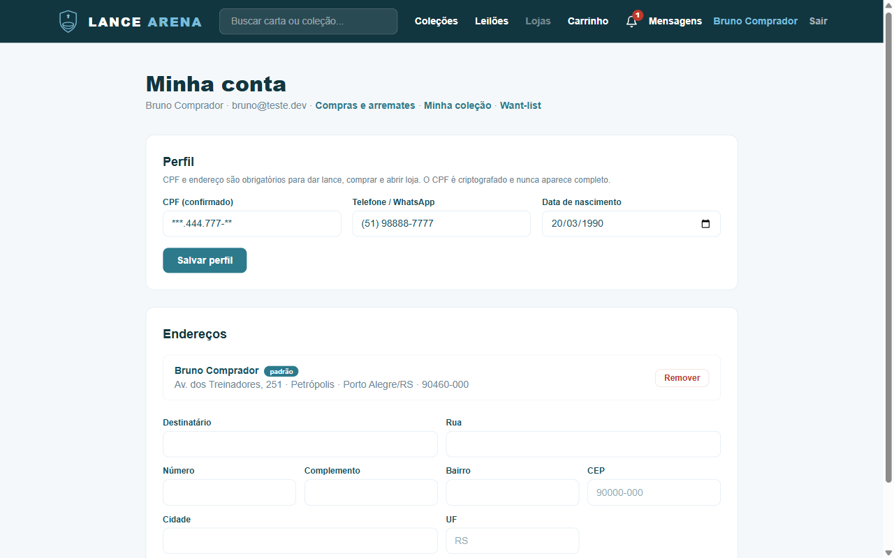 Minha conta com perfil e endereços