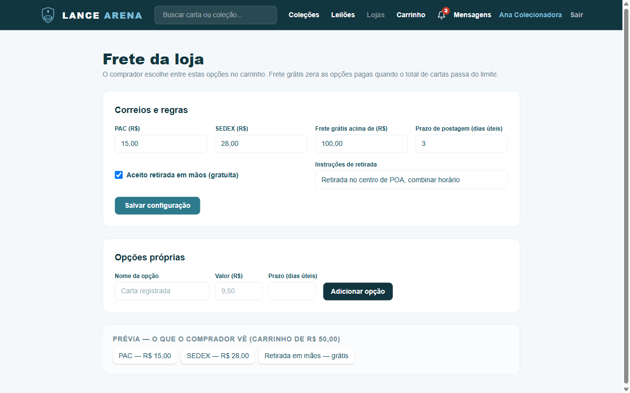 Configuração de frete da loja