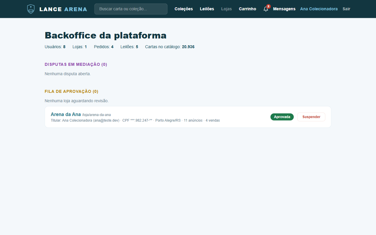 Backoffice com fila de disputas e aprovação de lojas